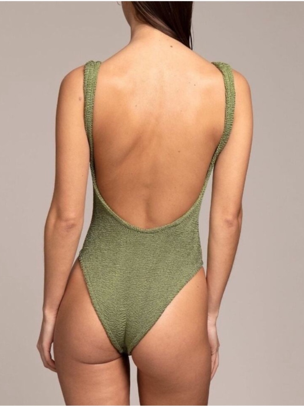 Hunza G Metallic Moss Olive Green Square NeckOne-Piece Swimsuit Bikini
